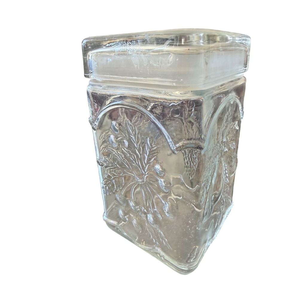 Vintage Canadian Glass Canister 7" Square Embossed Fruit Leaf Design Storage Jar - Picture 4 of 6